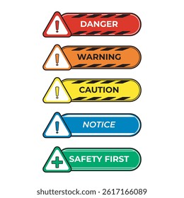 Color-coded safety signs set: Danger, Warning, Caution, Notice, and Safety First. Ideal for workplace safety graphics and industrial signage design.