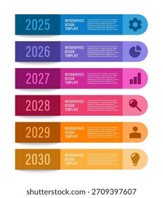 Color-coded yearly timeline infographic with rounded tabs and clean icon accents. A professional layout ideal for planning, scheduling, and long-term project visualization.
