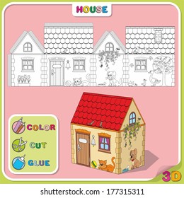 COLOR-CUT-GLUE. Cartoon Illustration of house with animals