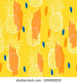 Colordul and bright summer Exotic seamless pattern with silhouettes tropical fruit outline pineapples. Hand drawn and paint repeating . Abstract print texture. Cloth art design on yellow background