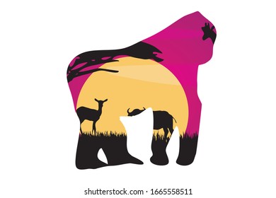 Colordul Gorilla Monkey Silhouette. White isolated
