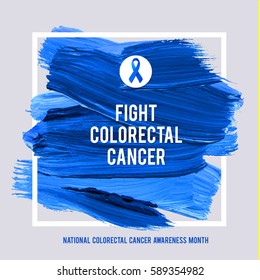 COLORECTAL Cancer Awareness Creative Grey and Blue Poster. Brush Stroke and Silk Ribbon Symbol. National Colon Cancer Awareness Month Banner. Brush Stroke and Text. Medical Square Design.