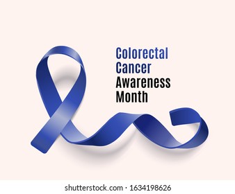 Colorectal cancer awareness month banner with realistic dark blue ribbon loop with curly end isolated on white background with text - colon cancer card vector illustration