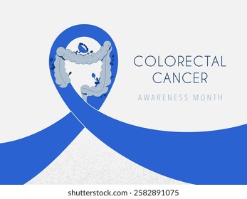 Colorectal Cancer awareness month banner with blue ribbon and human intestine in bloom with text. Medical, health care and prevention concept digestive oncology diseases. vector illustration