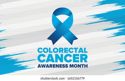 Colorectal Cancer Awareness Month. Celebrate Annual In March. Control And Protection. Prevention Campaign. Medical Health Care Concept. Poster With Blue Ribbon. Banner, Background. Vector Illustration