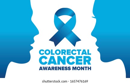 Colorectal Cancer Awareness Month. Celebrate annual in March. Control and protection. Prevention campaign. Medical health care concept. Poster with blue ribbon. Banner, background. Vector illustration