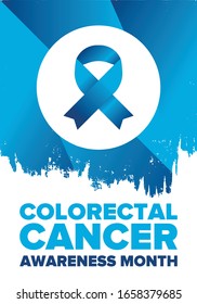 Colorectal Cancer Awareness Month. Celebrate annual in March. Control and protection. Prevention campaign. Medical health care concept. Poster with blue ribbon. Banner, background. Vector illustration