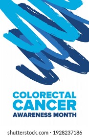 Colorectal Cancer Awareness Month. Celebrate annual in March. Control and protection. Prevention campaign. Medical health care concept. Poster with blue ribbon. Banner, background. Vector illustration