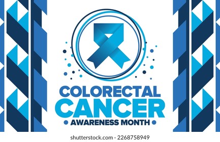 Colorectal Cancer Awareness Month. Celebrate annual in March. Control and protection. Prevention campaign. Medical health care concept. Poster with blue ribbon. Banner, background. Vector illustration