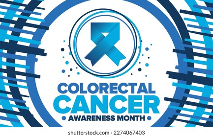 Colorectal Cancer Awareness Month. Celebrate annual in March. Control and protection. Prevention campaign. Medical health care concept. Poster with blue ribbon. Banner, background. Vector illustration