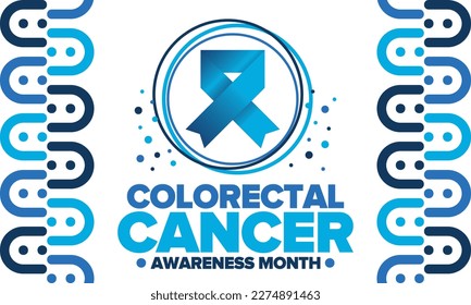 Colorectal Cancer Awareness Month. Celebrate annual in March. Control and protection. Prevention campaign. Medical health care concept. Poster with blue ribbon. Banner, background. Vector illustration