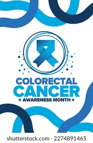 Colorectal Cancer Awareness Month. Celebrate annual in March. Control and protection. Prevention campaign. Medical health care concept. Poster with blue ribbon. Banner, background. Vector illustration