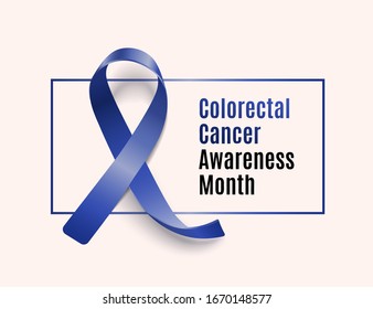Colorectal cancer awareness month - dark blue ribbon with text on disease solidarity card banner with light background - colon cancer charity campaign vector illustration