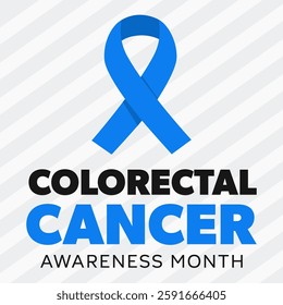 Colorectal cancer awareness month. Vector illustration square banner. Blue ribbon symbolizing hope and research with text.