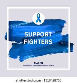 Colorectal Cancer Awareness Poster. Creative Brush Stroke and Silk Ribbon Symbol. World March Colorectal Cancer Awareness Month Banner. Medical Design Elements with Grunge Texture