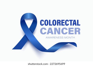 Cartel de Cáncer Colorrectal, Tarjeta, Placard con Cinta Azul Oscuro Realista 3d sobre fondo blanco. Cierre del Símbolo del Mes de Concienciación sobre el Cáncer de Colón. Concepto del Día Mundial del Cáncer de Colón