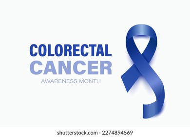 Colorectal Cancer Banner, Card, Placard with Vector 3d Realistic Dark Blue Ribbon on White Background. Colon Cancer Awareness Month Symbol Closeup. World Colorectal, Colon Cancer Day Concept