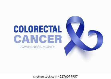 Colorectal Cancer Banner, Card, Placard with Vector 3d Realistic Dark Blue Ribbon on White Background. Colon Cancer Awareness Month Symbol Closeup. World Colorectal, Colon Cancer Day Concept