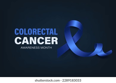 Colorectal Cancer Banner, Card, Placard with Vector 3d Realistic Dark Blue Ribbon on Dark Blue Background. Colon Cancer Awareness Month Symbol Closeup. World Colorectal, Colon Cancer Day Concept