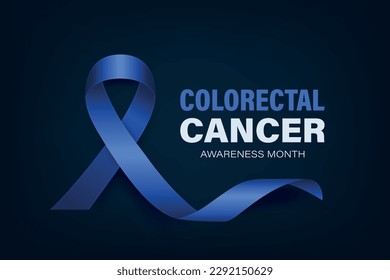 Colorectal Cancer Banner, Card, Placard with Vector 3d Realistic Dark Blue Ribbon on Dark Blue Background. Colon Cancer Awareness Month Symbol Closeup. World Colorectal, Colon Cancer Day Concept