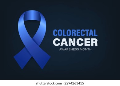 Colorectal Cancer Banner, Card, Placard with Vector 3d Realistic Dark Blue Ribbon on Dark Blue Background. Colon Cancer Awareness Month Symbol Closeup. World Colorectal, Colon Cancer Day Concept