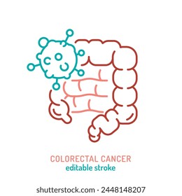 Colorectal carcinoma, adenocarcinoma outline icon. Malignant cell growth sign. Medical, healthcare line pictogram. Colon cancer awareness. Editable vector illustration isolated on a white background