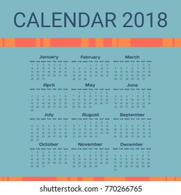 Colored 2018 calendar. Week Starts Monday. Vertical Orientation. Set of 12 Months.