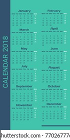 Colored 2018 calendar. Week Starts Monday. Vertical Orientation. Set of 12 Months.