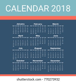 Colored 2018 calendar. Week Starts Monday. Vertical Orientation. Set of 12 Months.