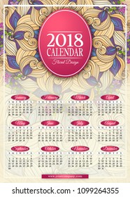 Colored 2018 Year Calendar Rectangular Template. Beautiful Abstract Flowers, Elegant Feminine Design. Corporate Identity, Flyer, Wall Poster. Vector Illustration. Clipping Mask, Editable