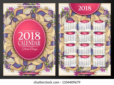 Colored 2018 Year Calendar Rectangular Template, Double-sided. Beautiful Abstract Flowers, Elegant Feminine Design. Corporate Identity, Flyer, Poster. Vector Illustration. Clipping Mask, Editable