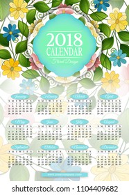 Colored 2018 Year Calendar Rectangular Template. Beautiful Abstract Flowers, Elegant Feminine Design. Corporate Identity, Flyer, Wall Poster. Vector Illustration. Clipping Mask, Editable