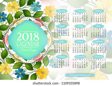 Colored 2018 Year Calendar Rectangular Template. Beautiful Abstract Flowers, Elegant Feminine Design. Corporate Identity, Flyer, Wall Poster. Vector Illustration. Clipping Mask, Editable