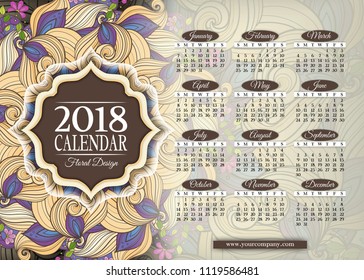 Colored 2018 Year Calendar Rectangular Template. Beautiful Abstract Flowers, Elegant Feminine Design. Corporate Identity, Flyer, Wall Poster. Vector Illustration. Clipping Mask, Editable