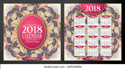 Colored 2018 Year Calendar Square Template, Double-sided. Beautiful Abstract Flowers, Elegant Feminine Design. Corporate Identity, Flyer, Poster. Vector Illustration. Clipping Mask, Editable