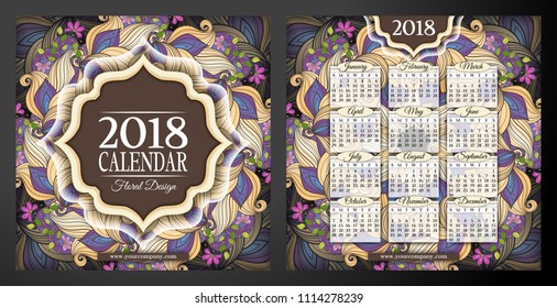 Colored 2018 Year Calendar Square Template, Double-sided. Beautiful Abstract Flowers, Elegant Feminine Design. Corporate Identity, Flyer, Poster. Vector Illustration. Clipping Mask, Editable