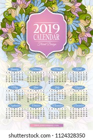 Colored 2019 Year Calendar Rectangular Template. Beautiful Abstract Flowers, Elegant Feminine Design. Corporate Identity, Flyer, Wall Poster. Vector Illustration. Clipping Mask, Editable