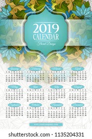 Colored 2019 Year Calendar Rectangular Template. Beautiful Abstract Flowers, Elegant Feminine Design. Corporate Identity, Flyer, Wall Poster. Vector Illustration. Clipping Mask, Editable