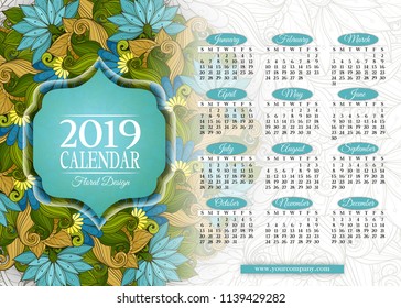 Colored 2019 Year Calendar Rectangular Template. Beautiful Abstract Flowers, Elegant Feminine Design. Corporate Identity, Flyer, Wall Poster. Vector Illustration. Clipping Mask, Editable