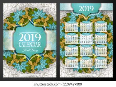 Colored 2019 Year Calendar Rectangular Template, Double-sided. Beautiful Abstract Flowers, Elegant Feminine Design. Corporate Identity, Flyer, Poster. Vector Illustration. Clipping Mask, Editable