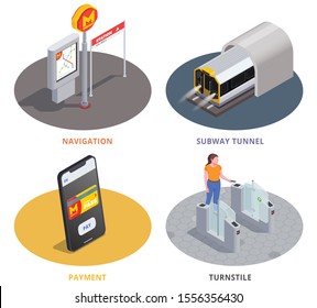 Colored 2x2 design concept with subway tunnel navigation online payment and woman going through turnstile 3d isometric isolated vector illustration