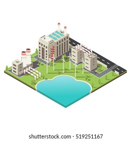 Colored 3 d factory territory isometric with windmills set and water body vector illustration