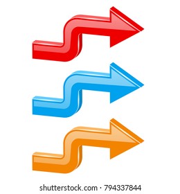 Colored 3d arrows, right turn. Vector illustration