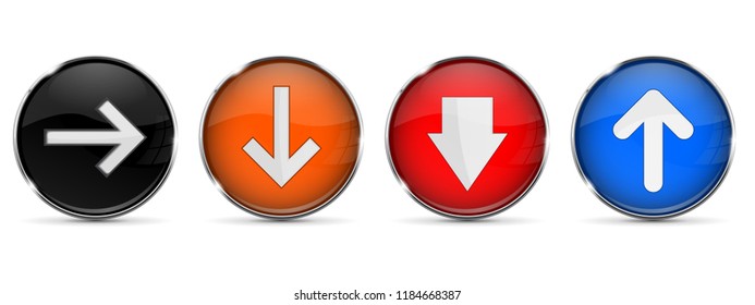 Colored 3d buttons with arrows. Round glass shiny icons. Vector illustration isolated on white background