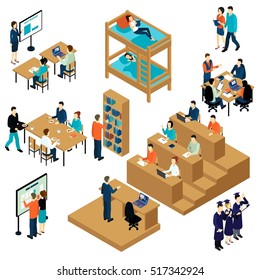 Colored 3d education isometric student icon set with people who are study vector illustration