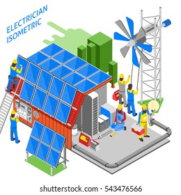 Colored 3d electrician people isometric composition people are doing their job installation of solar panels vector illustration