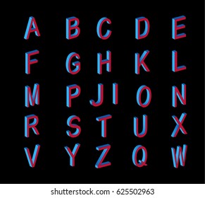 Colored 3d font. Isometric font in 90s style. Set of vector letters constructed on the basis of the isometric view. Low poly characters. Vector  Vector illustration.