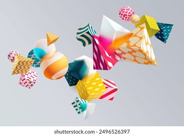 Colored 3D geometric shapes. Composition of cubes, triangles and spheres. Abstract vector background