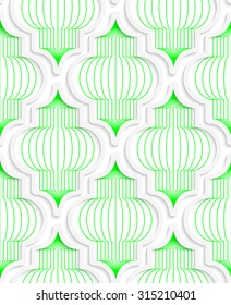 Colored 3D green vertical Chinese lanterns.Seamless geometric background. Modern 3D texture. Pattern with realistic shadow and cut out of paper effect.