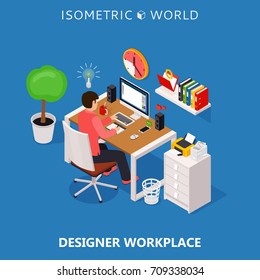 Colored 3d isometric freelance designer workplace vector concept illustration.